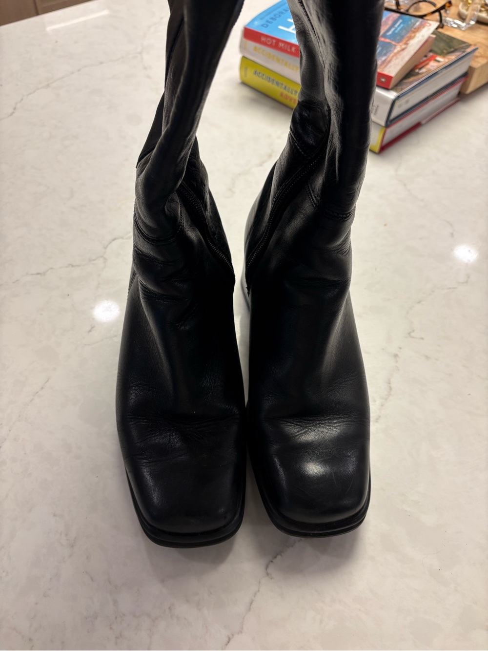 Black Leather Women's Square-Toe Boots thigh high